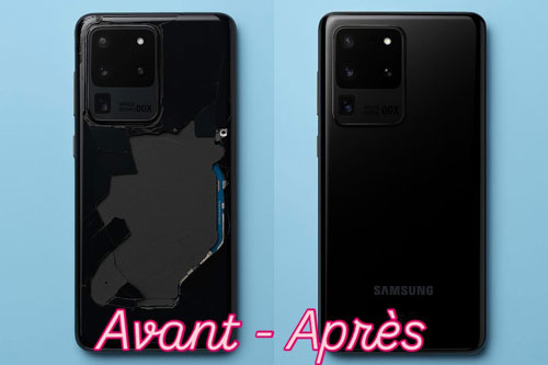 Comparaison du dos d’un téléphone Samsung avant et après réparation