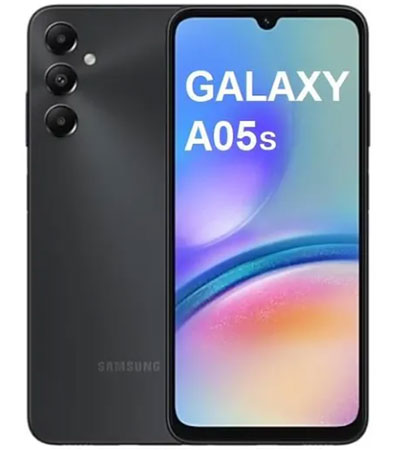 Smartphone Samsung Galaxy A05s noir, affiché de face et de dos, avec écran large et triple caméra arrière