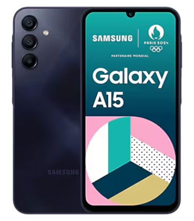 Smartphone Samsung Galaxy A15 noir, affiché de face et de dos, avec écran large et triple caméra arrière