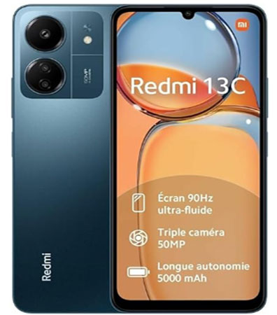 Smartphone Xiaomi Redmi 13C bleu présenté de face et de dos avec triple caméra 50MP, écran 90Hz ultra-fluide et batterie longue autonomie 5000mAh
